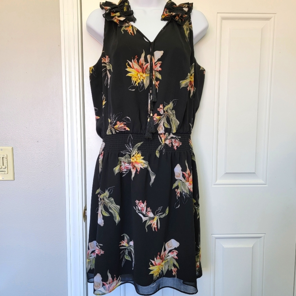 WHBM Chiffon Ruffle Neck Sleeveless Black Floral Dress Tassles Ruched Waist 8